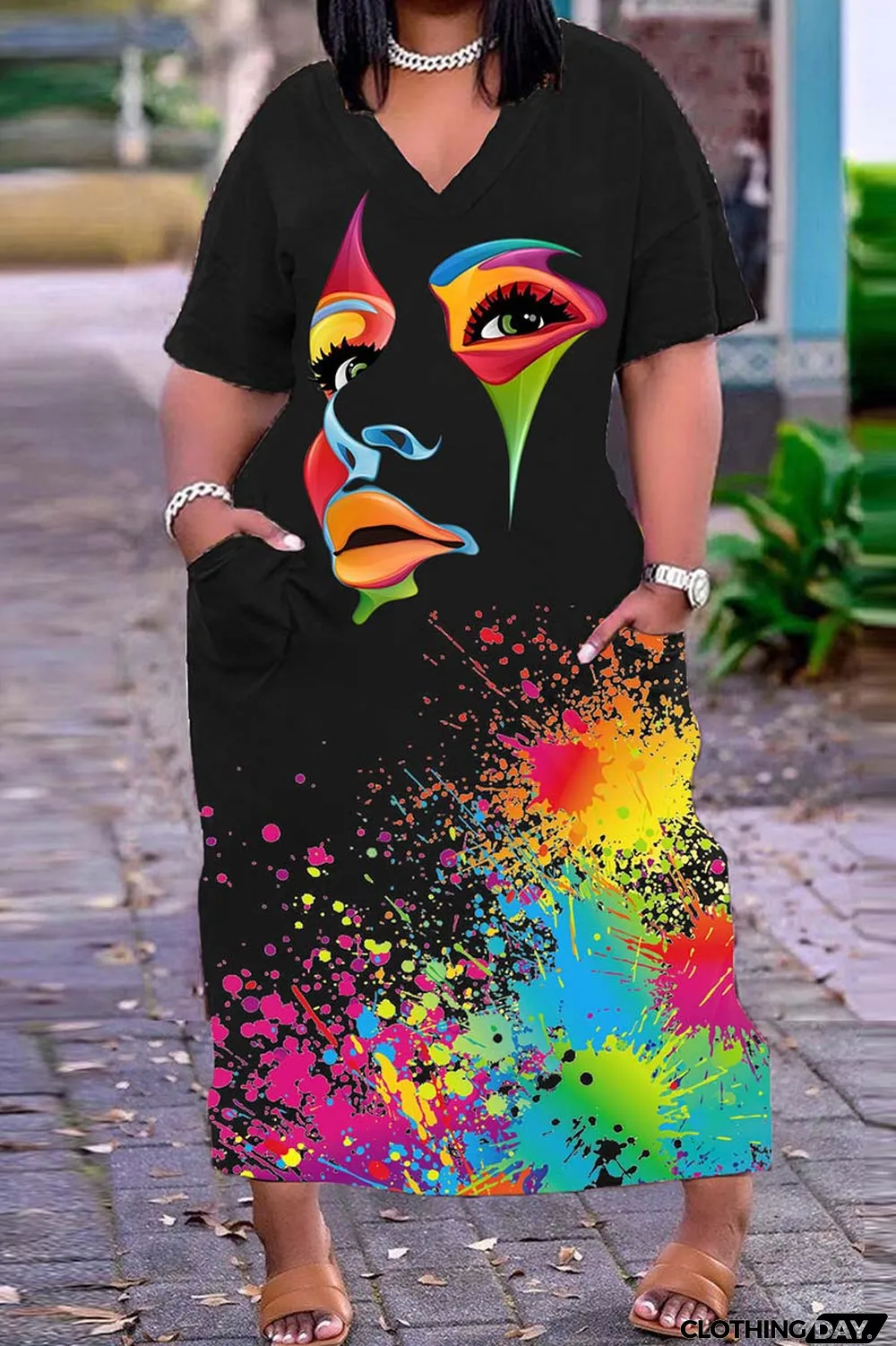 Blue Casual Print Basic V Neck Short Sleeve Dress Dresses