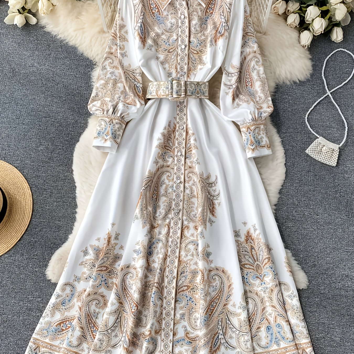 Elegant Bohemian Print Maxi Dress - Long Sleeve Floral Button-Front Dress with Belt