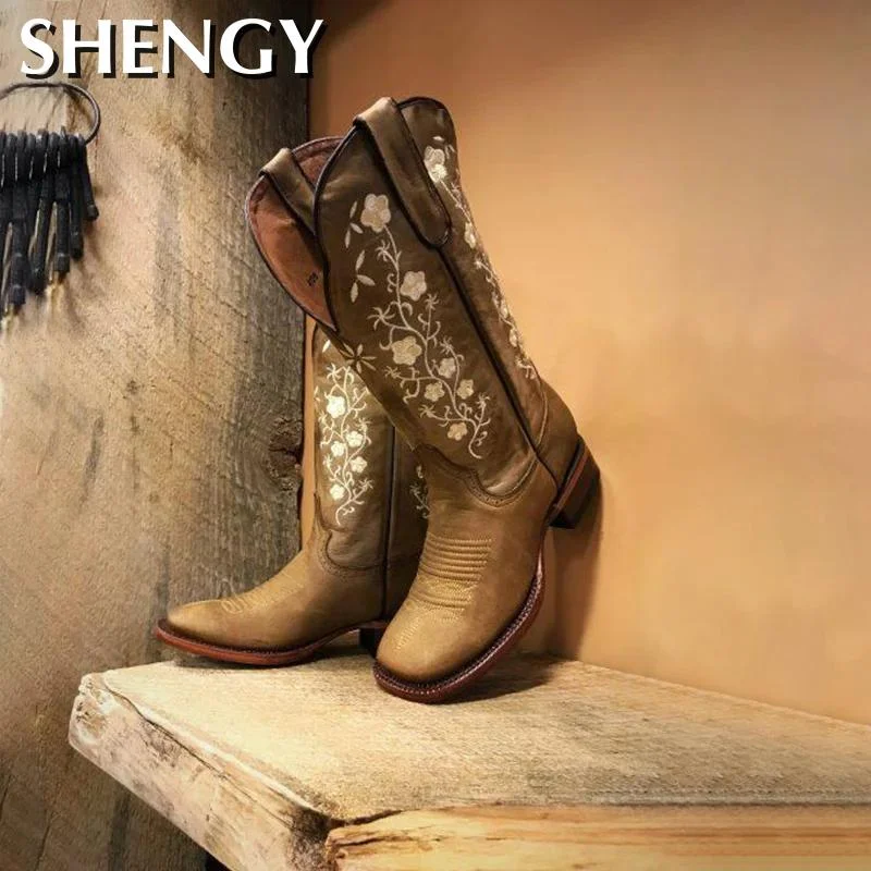 New Fashion Women Boots Floral Embroidered Western Boots Warm Cowgirl Ankle Boots Women Knee High Riding Vintage Outdoor Boots