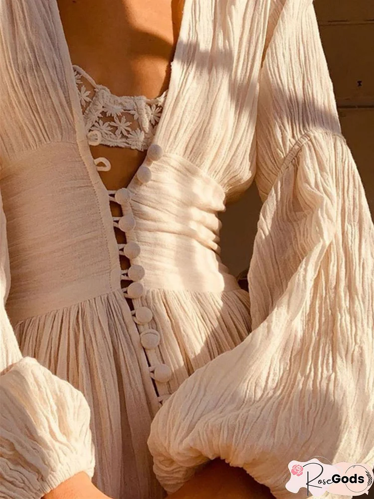 French Retro V-Neck Long Skirt Waist Fold Loose Dress