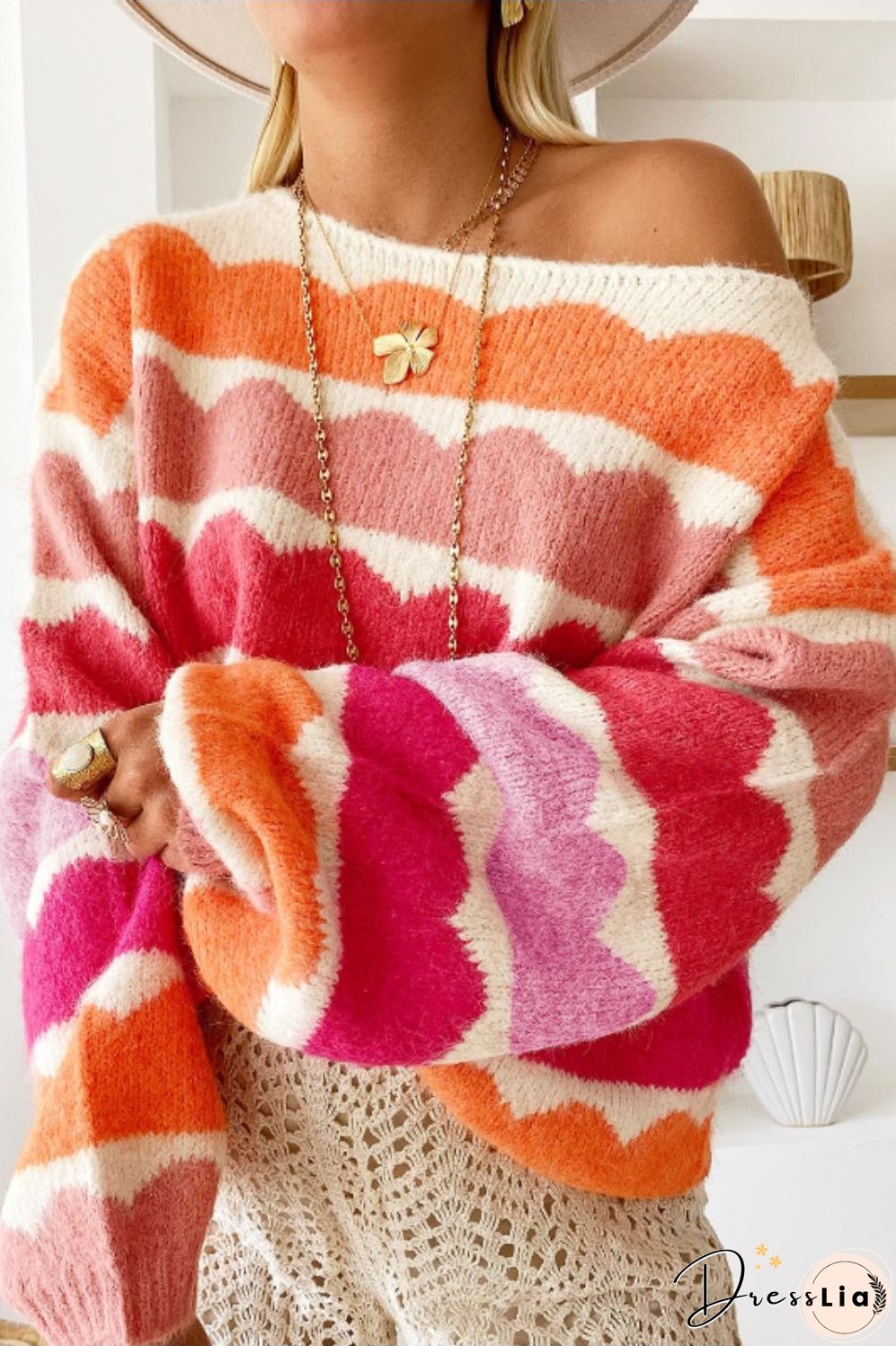 Contrast Boat Neck Long Sleeve Sweater