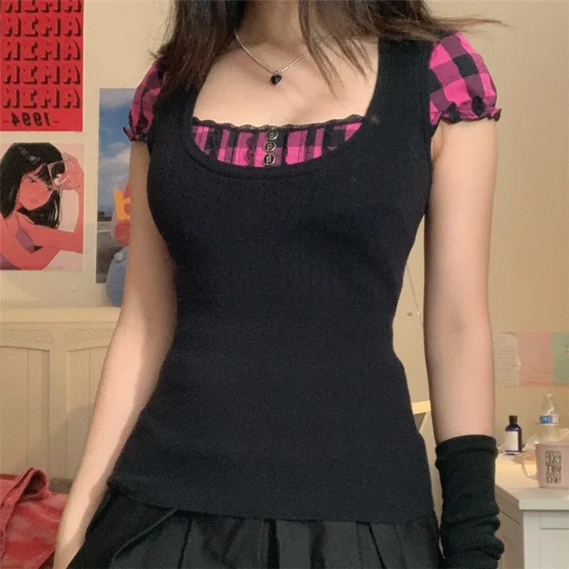 Xingqing Lace Plaid Patchwork Top Vintage Goth Short Sleeve Basic Sweats Shirt Cute Chic Slim Clothes Women Sweet Casual Tee