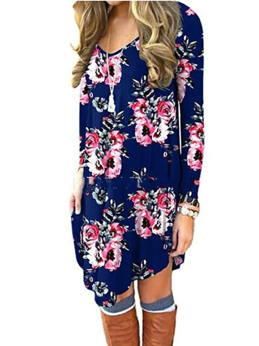Long Sleeve Casual Loose Print Dress