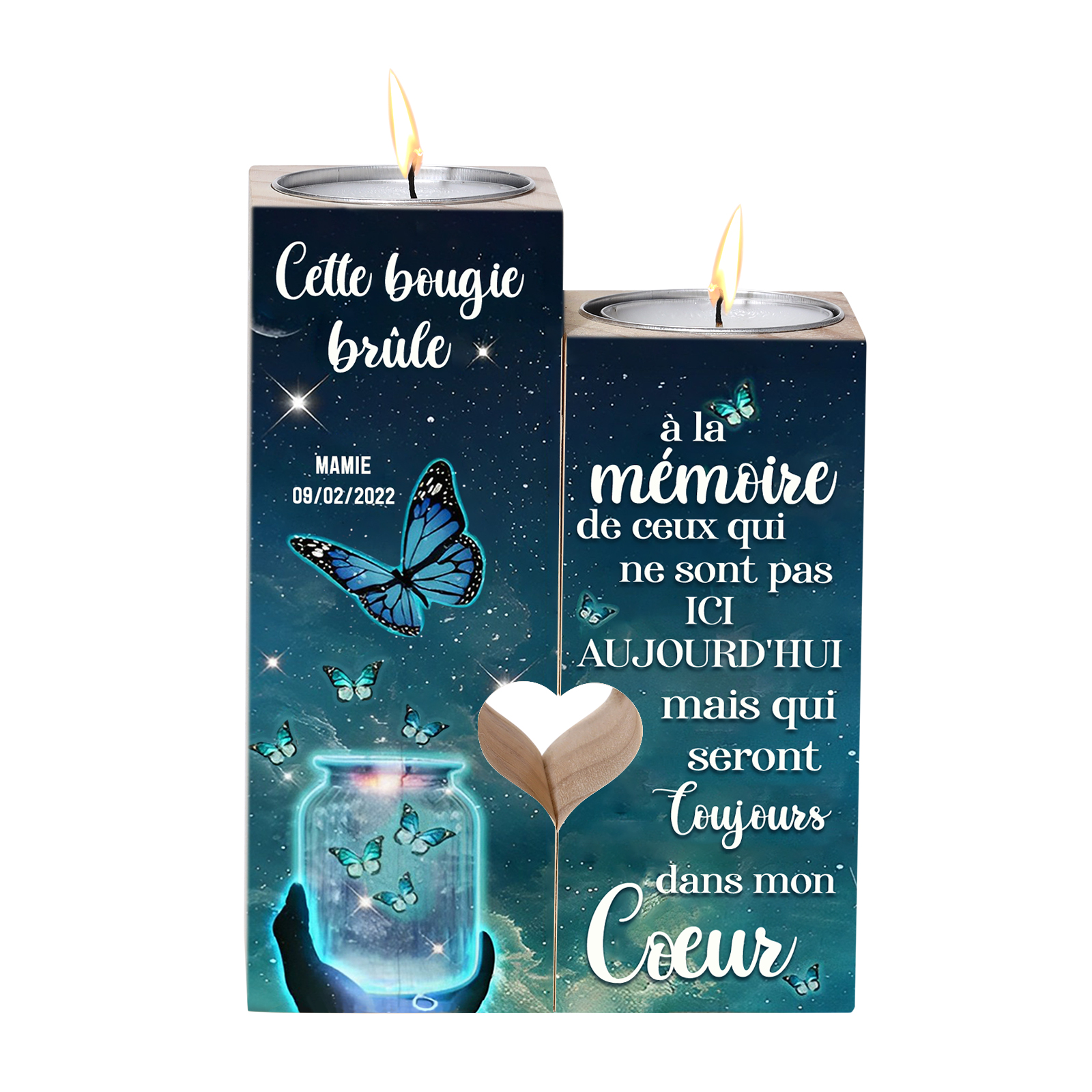 Bougeoir en Bois Commémoratif 1 Prénom Personnalisé avec Date sans bougie