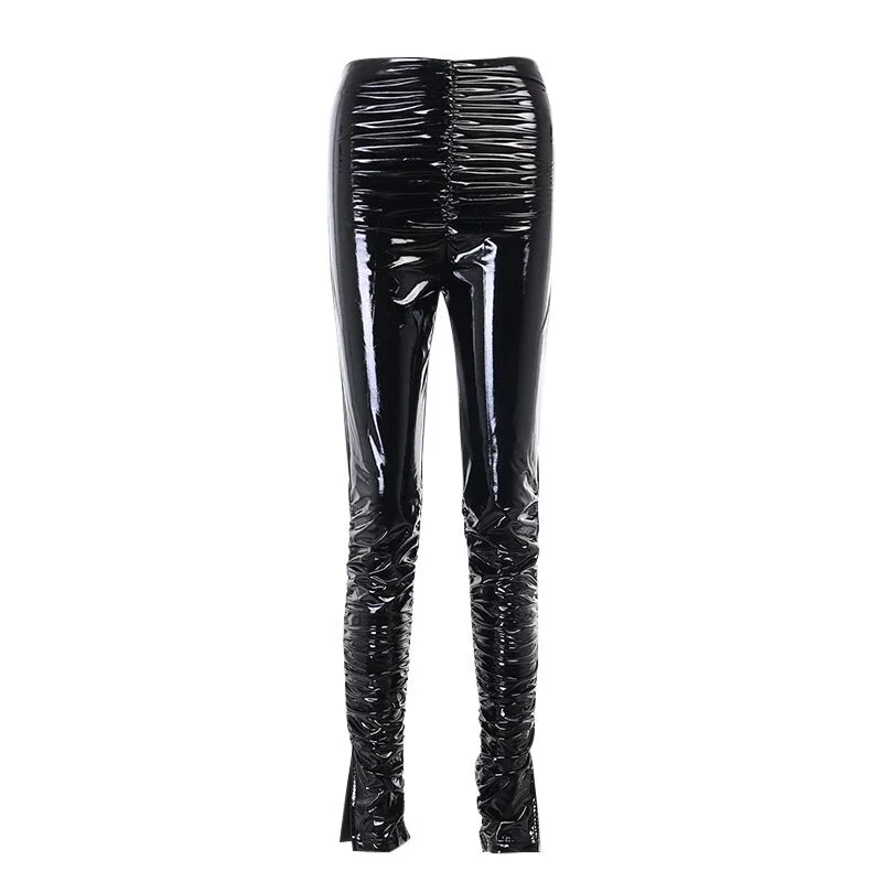 InstaHot Women Faux Leather Pants Split Side High Waist Skinny Shine Autumn Ruched Solid Pile Up Trousers Streetwear Casual Pant