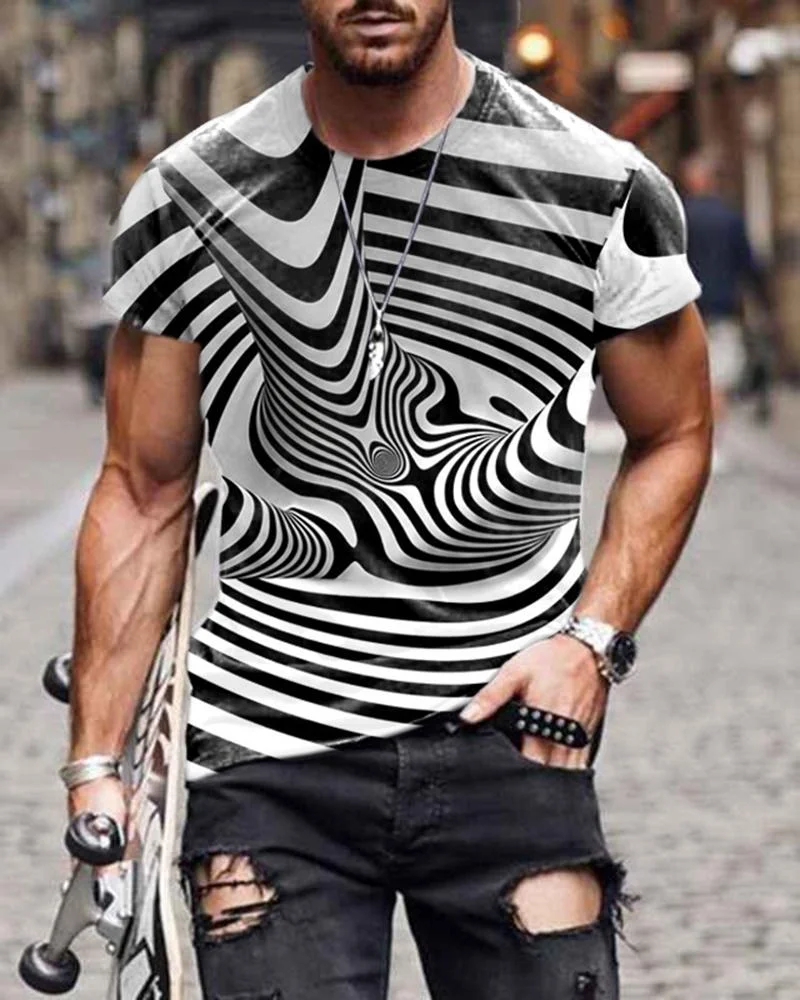 Street Style Black and White Pillar Rotating Short-sleeved T-shirt