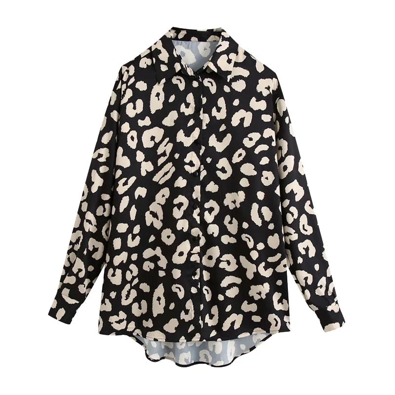 TRAF Women Fashion Animal Print Asymmetric Loose Blouses Vintage Long Sleeve Button-up Female Shirts Blusas Chic Tops