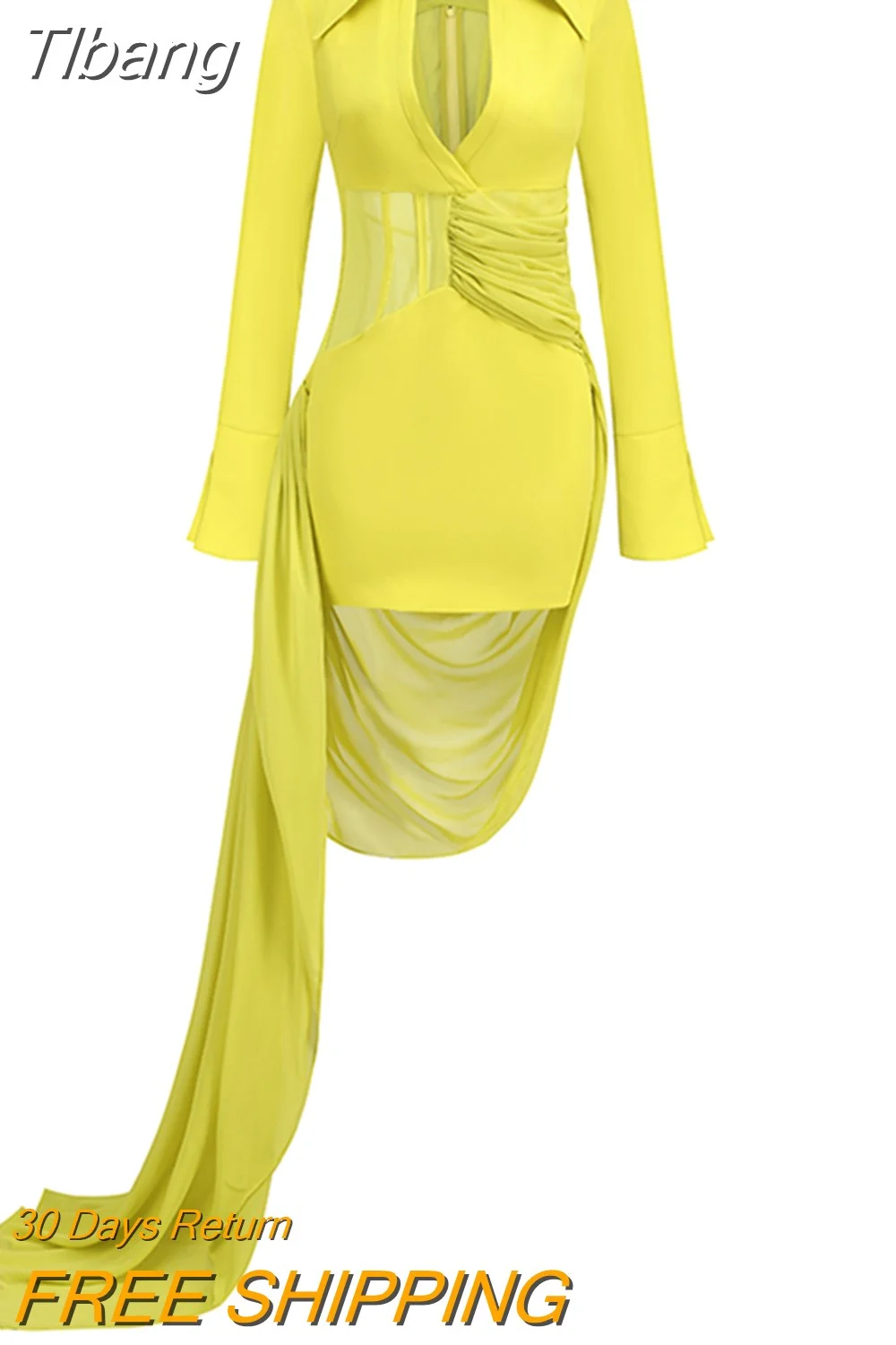 Tlbang Skinny Sexy Yellow Dresses For Women Deep V Neck Long Sleeve High Waist Spliced Mesh Mini Dress Female Fashion New