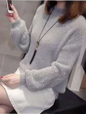 Women's Long Sleeve Scoop Neck Sequins Knit Seawter Tops