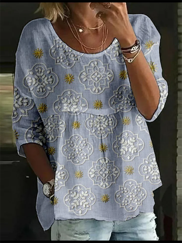 Women's T-Shirt Loose Printed Mid Sleeve Pleated Round Neck Top