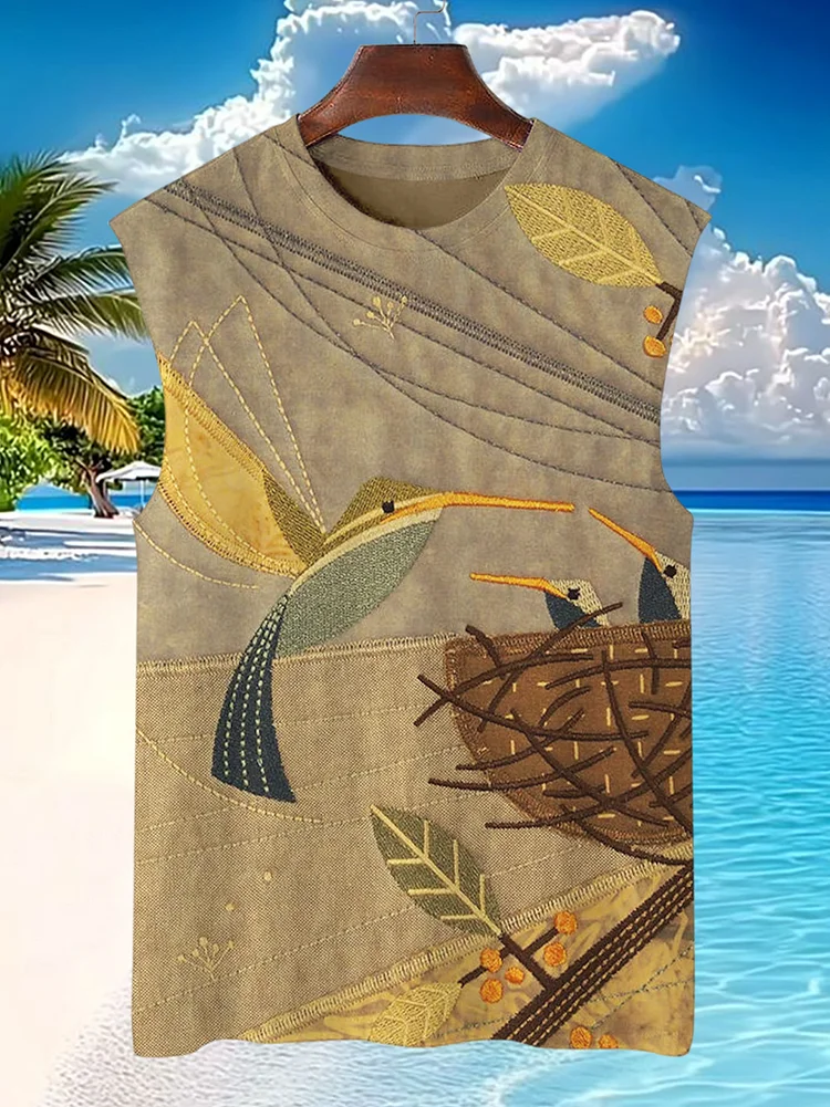 Men's Geometric Birds Embroidery Art Print Vacation Tank Top