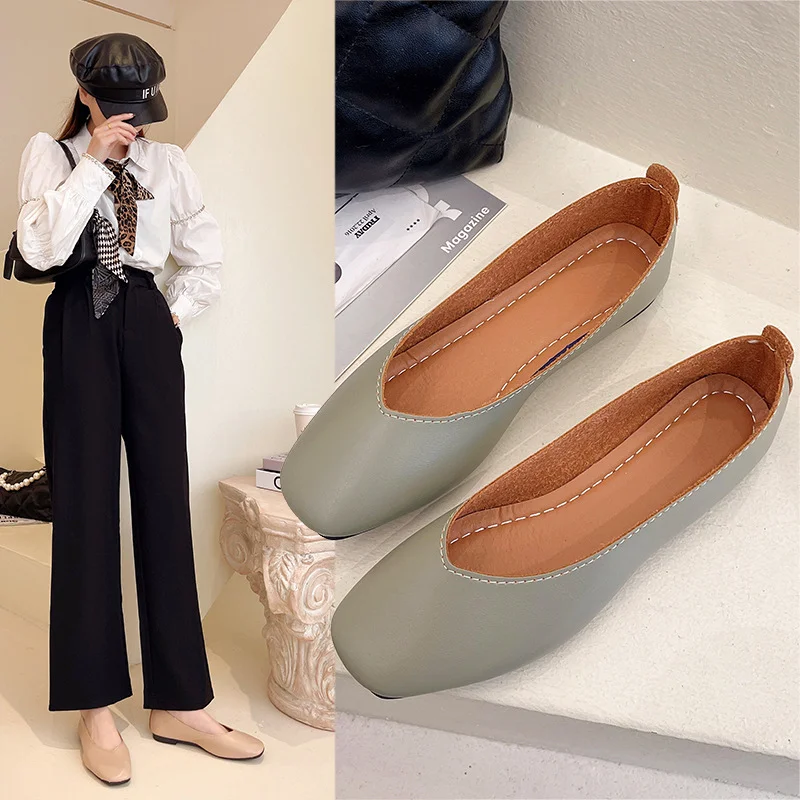 Tanguoant New Flat Sole Shoes Women's Autumn Korean Fashion Shallow Mouth Square Head With A Foot Retro Flat Heel Grandma Shoes Girl