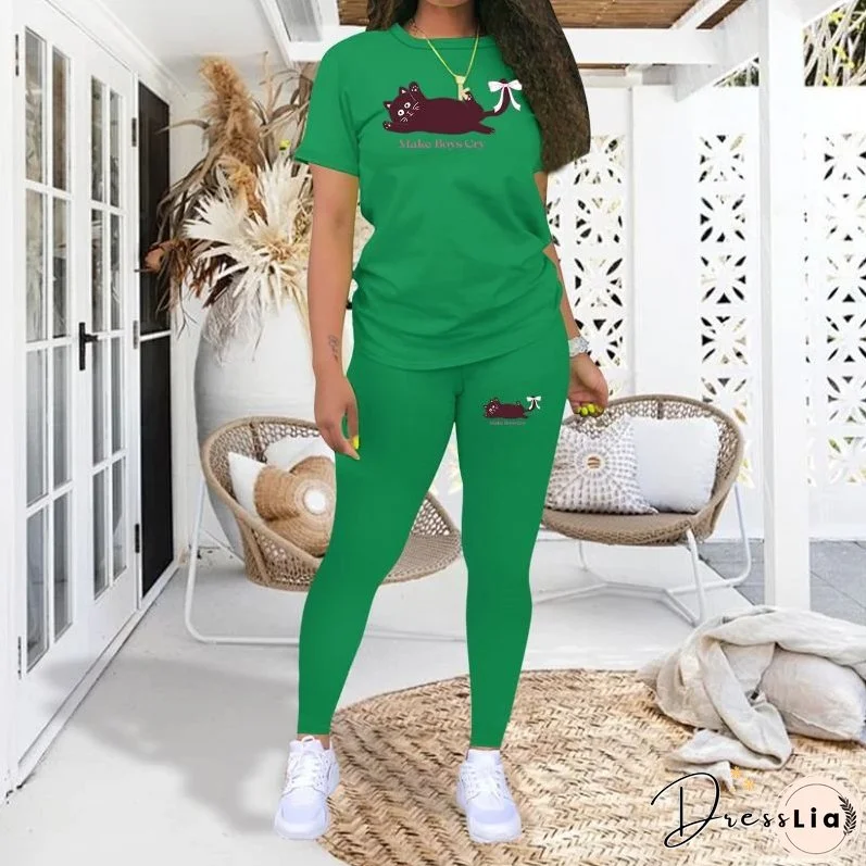 Women's Animal Print Sports Short-sleeved T-shirt Tights Fashion Suits