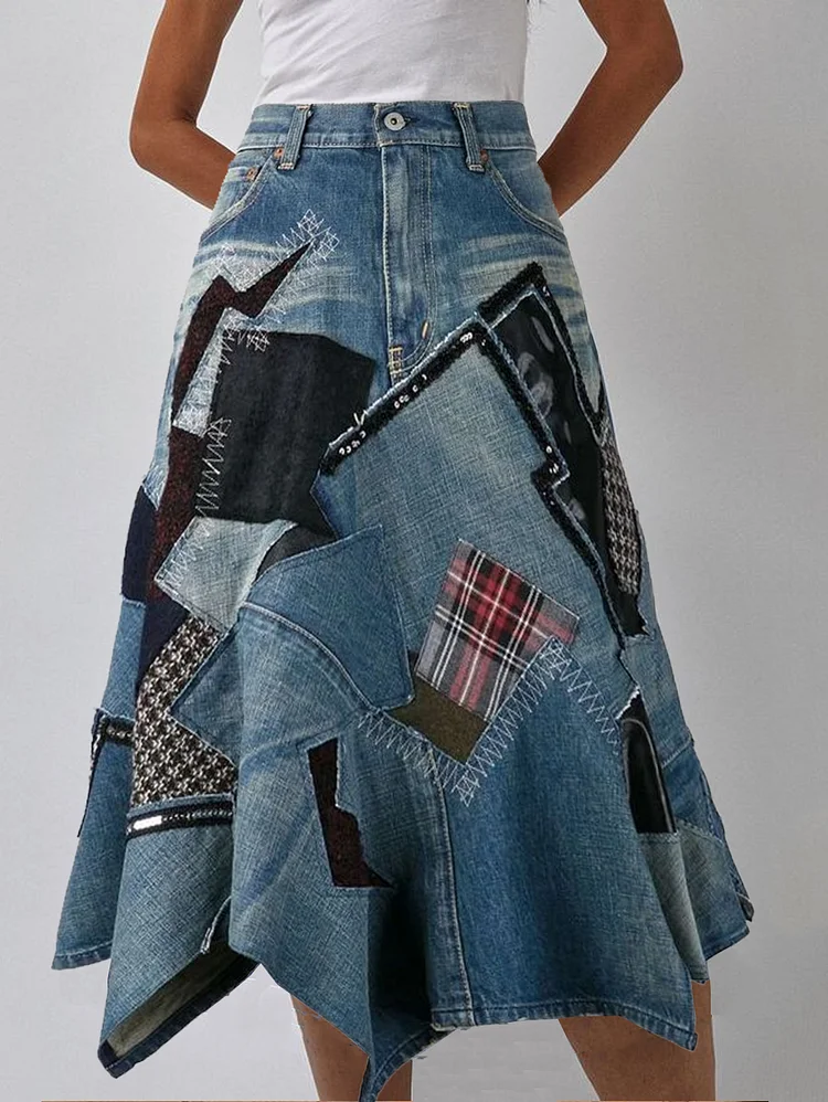 Daily Patchwork Irregular Hem Pockets Midi Skirt