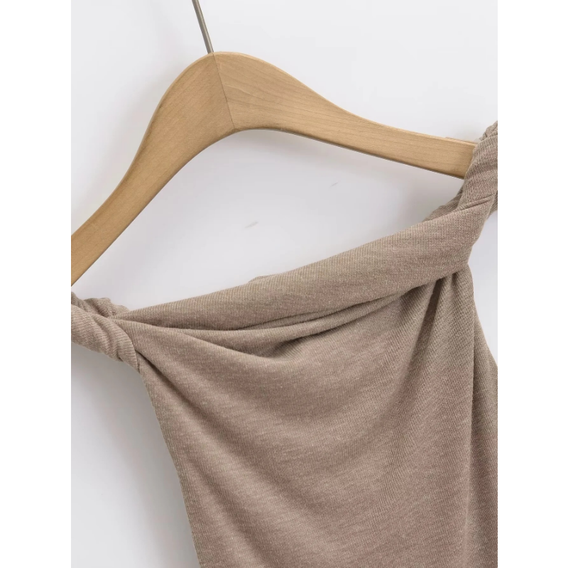 Ootddress Twist Off-Shoulder Slim T-shirt Solid Patchwork Elegant Backless Women's Top Y2k Top Pleated Casual Strapless Pullover Tee