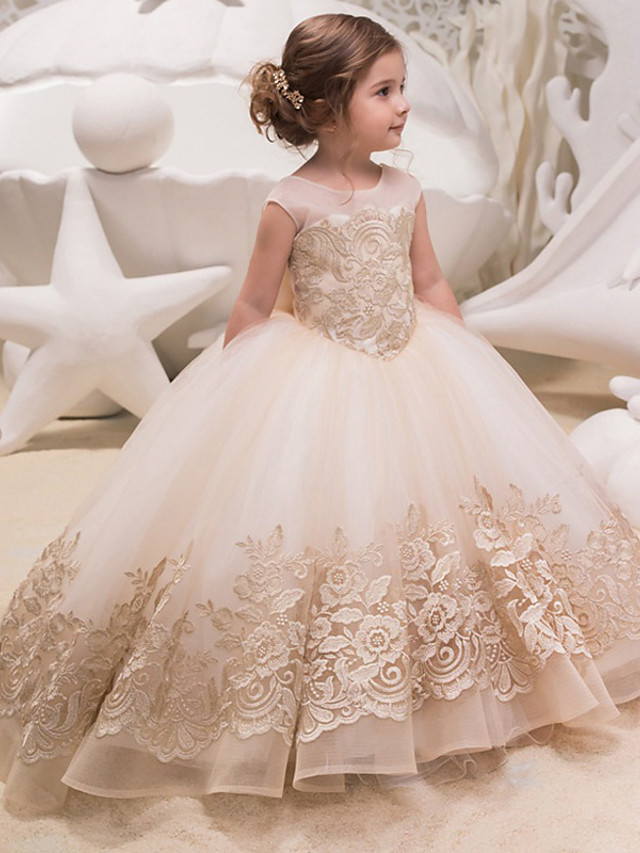 Dresseswow Cap Sleeve Jewel Neck Ball Gown Flower Girl Dress Lace Tulle With Bow Appliques