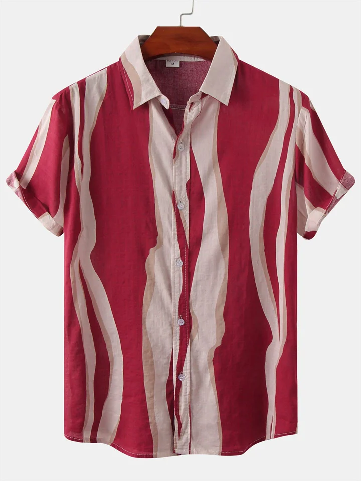 Men's Irregular Stripes Solid Color Lapel Single-breasted Men's Floral Print Casual Short-sleeved Floral Shirt Men's Cardigan-Cosfine