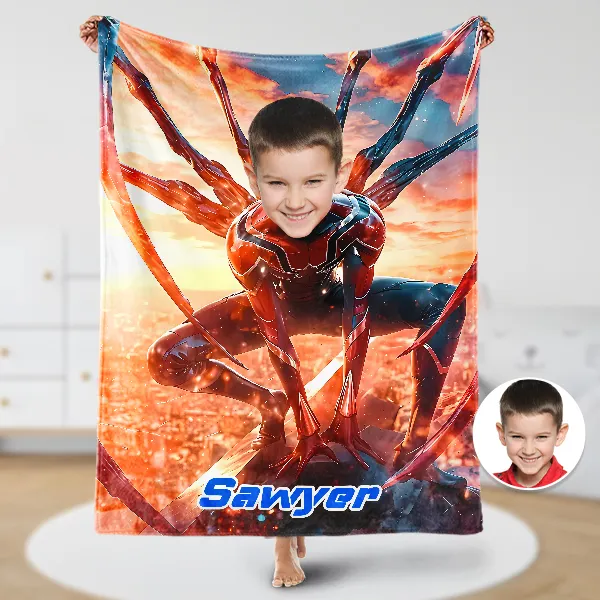 Custom Spider Boy Blankets Personalized Face & Name Hero Blanket Gifts For Boys