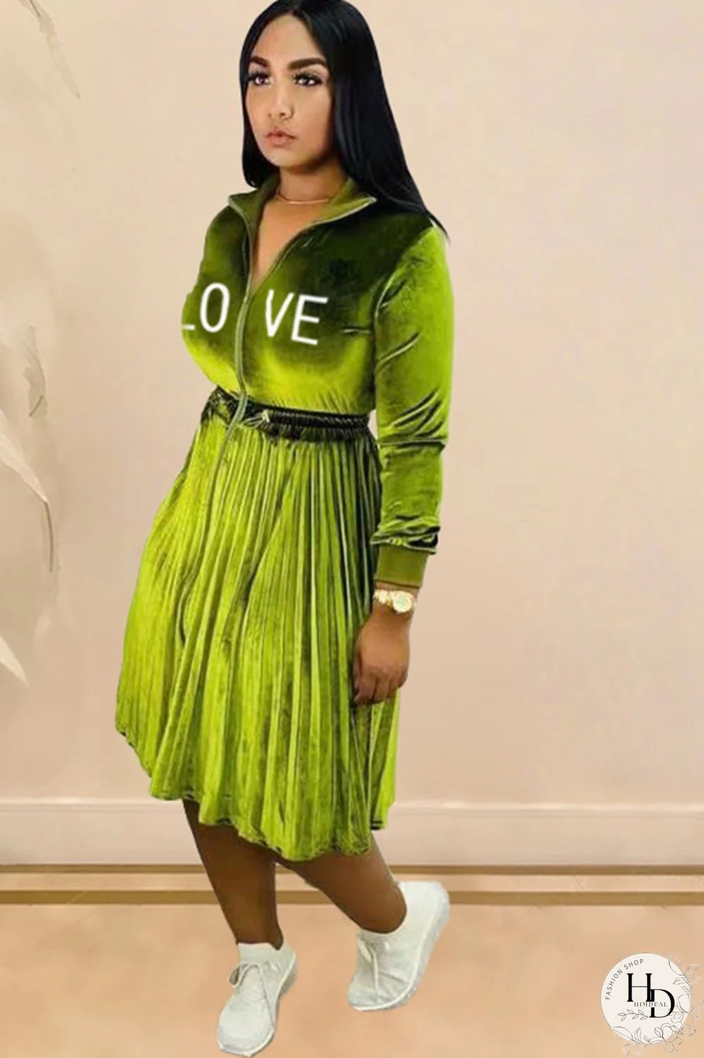 Army Green Sexy Cap Sleeve Long Sleeves Turndown Collar pleated Knee-Length Character Solid Long Sle