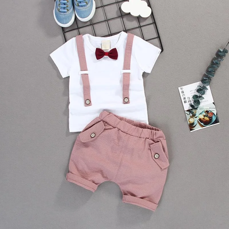 2021 Summer Children Baby Boys Cotton Clothes Infant Outfits Kid Gentleman Bowknot Tie T-Shirt 2pcs/Set Toddler Fashion Clothing