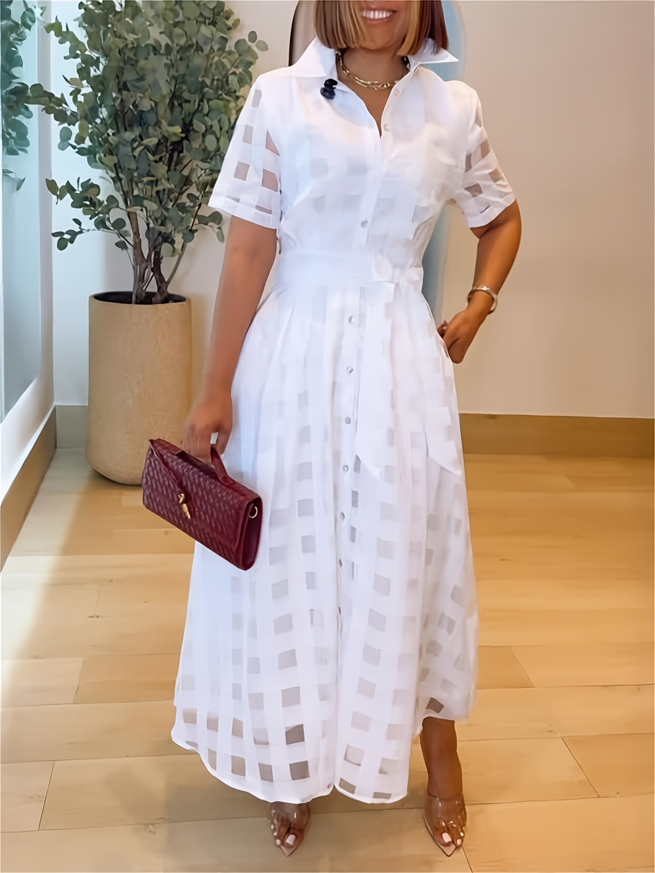 Women's Semi-Sheer Shirt Dress - Structured A-Line Maxi With Turn- Collar, Double-Layered Cinched Waist, Elegant Office To Party Outfit - Non-Stretch Mesh Fabric For Women, Summer Fashion, Delicate Sleeve Ties, Casual Wear, Breathable Material | IFYHOME