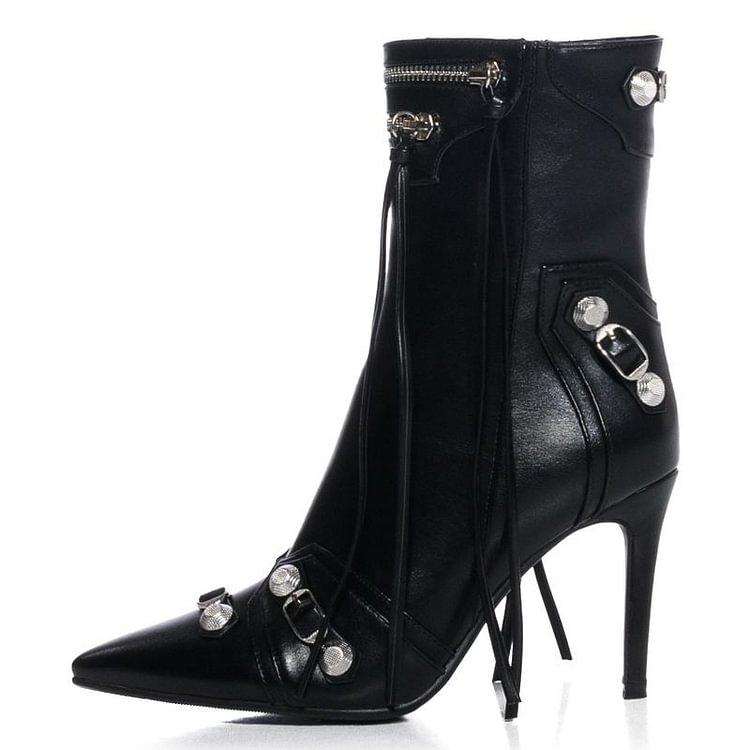 TAAFO Silver Metallic Boots Pointed Toe Stiletto Heel Ankle Booties Ladies Shoes