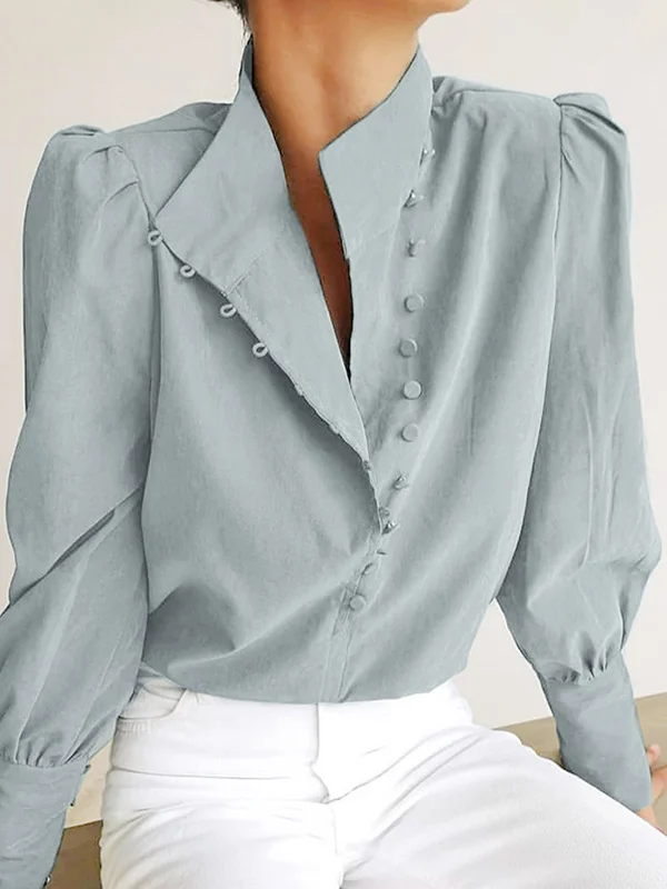Split-Joint Solid Color Loose Long Sleeves Stand Collar Blouses