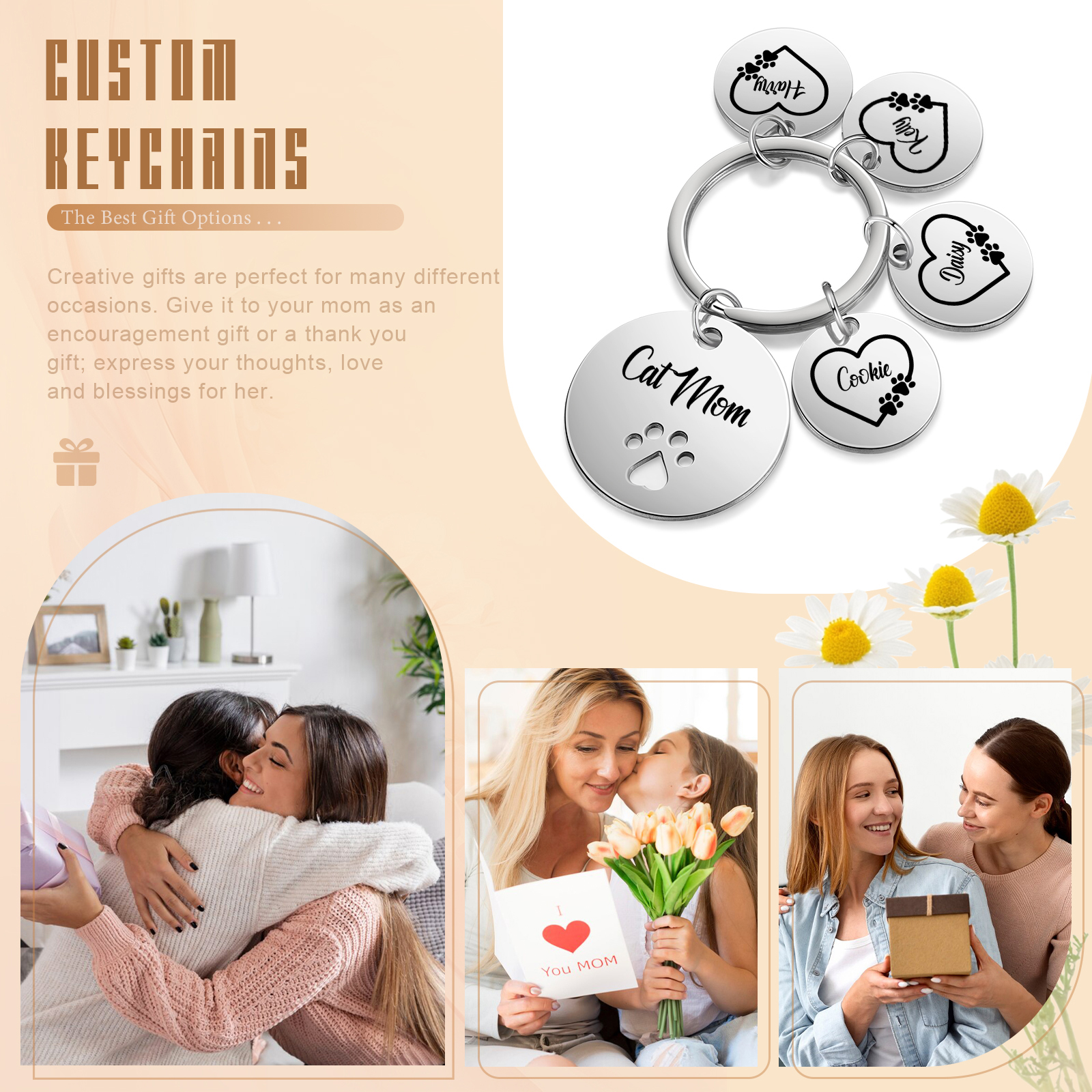 Personalised 4 Names & 1 Text Keychain Cat Paw Circle Charm Keychain Gift for Mother/Grandma-Jessemade AU