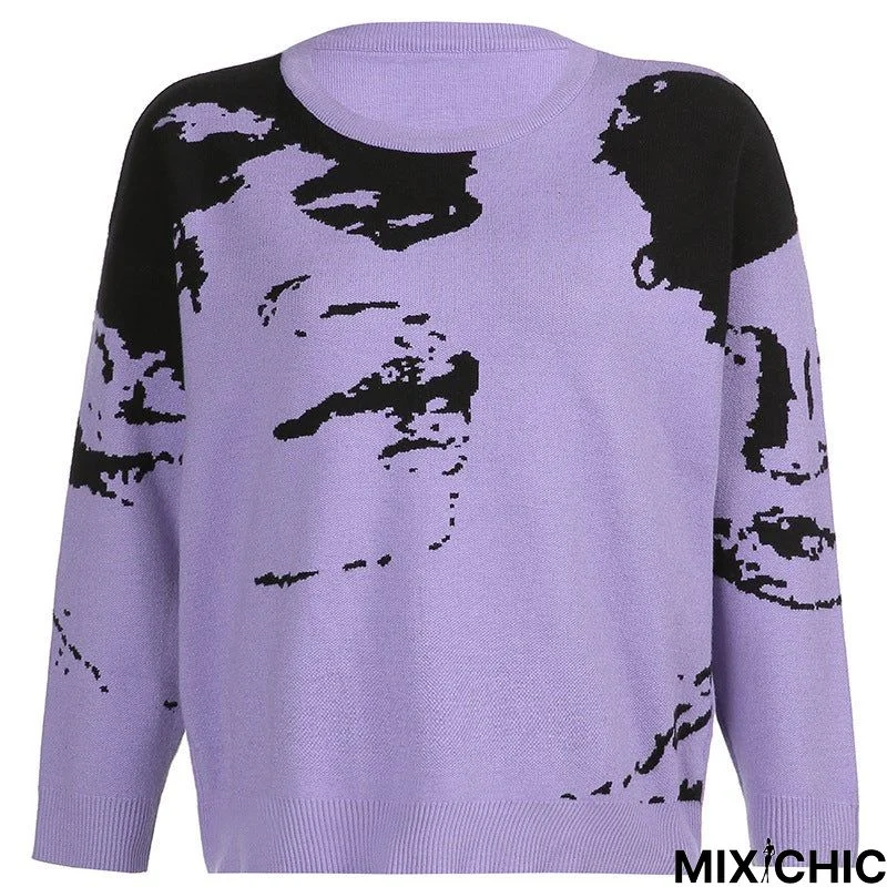 Portrait Printed Contrast Round Neck Loose Sweater