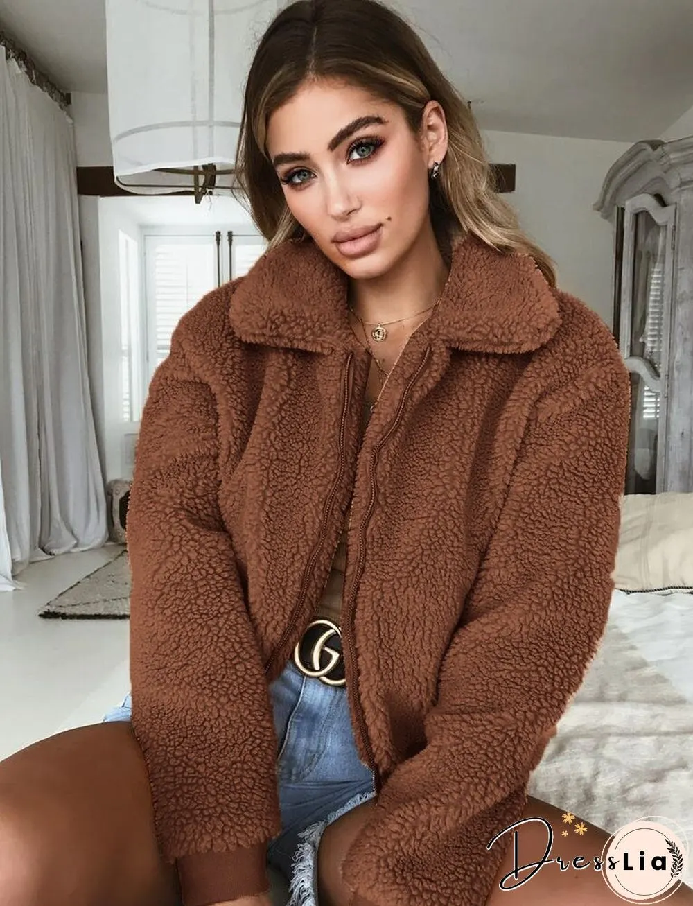 Womens Autumn and Winter Warm Fleece Jacket Top Clothing Wool Coat Women Vintage Camel