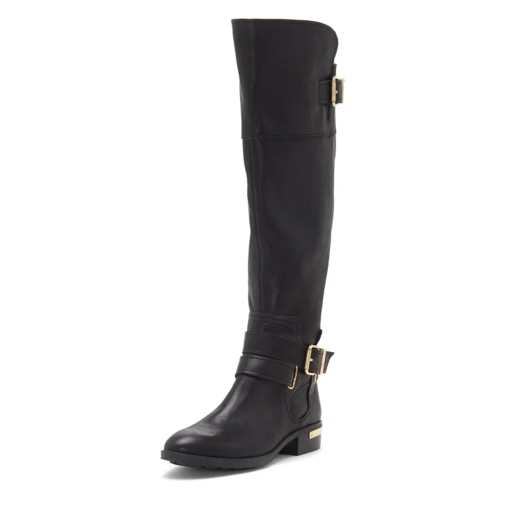 Black Flat Knee Boots with Buckles Vdcoo