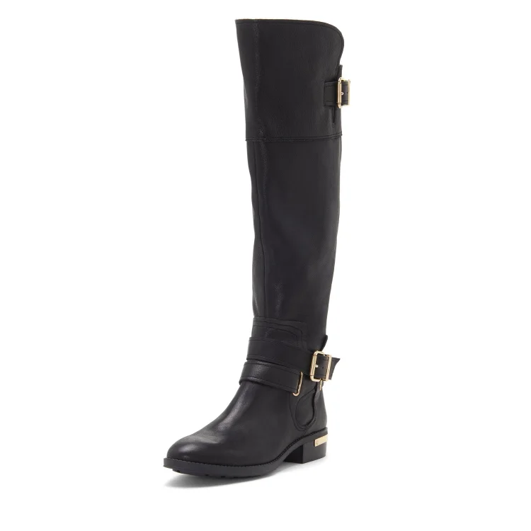 Black Buckles Flat Knee Boots |FSJ Shoes