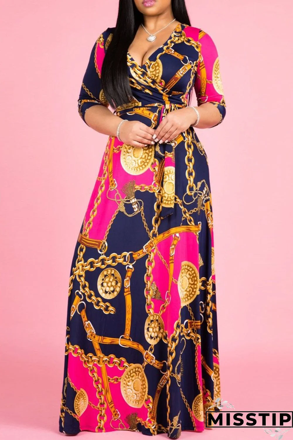 Blue Fashion Casual Print Bandage V Neck Long Sleeve Dresses