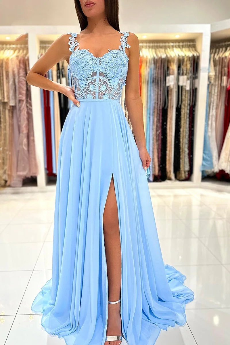Oknass Straps Sleeveless Long A Line Split Prom Dress With Appliques