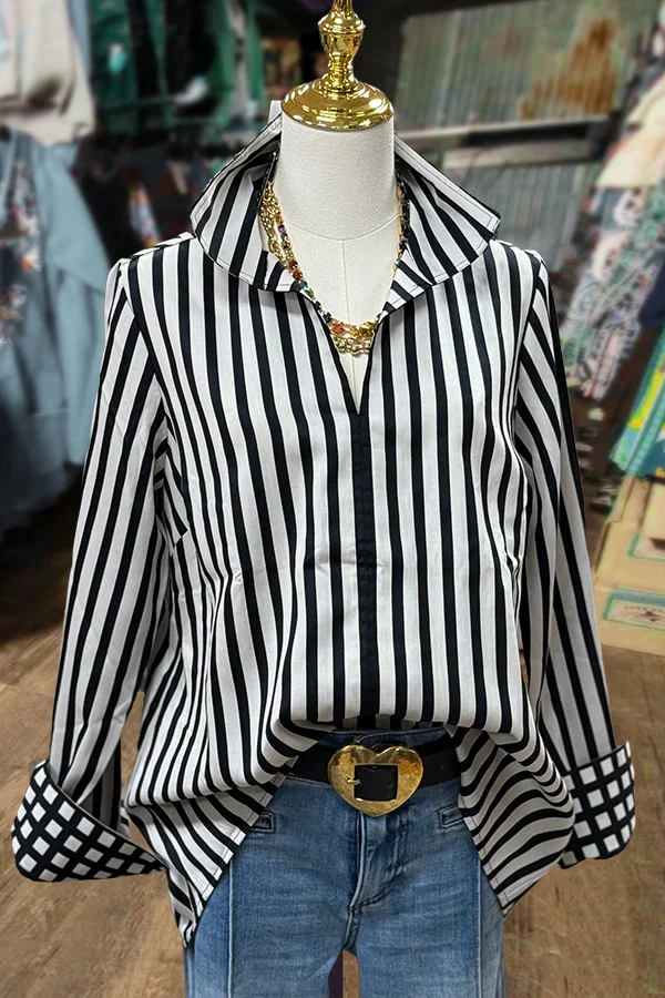 Striped Print Contrast Roll Sleeve Blouse