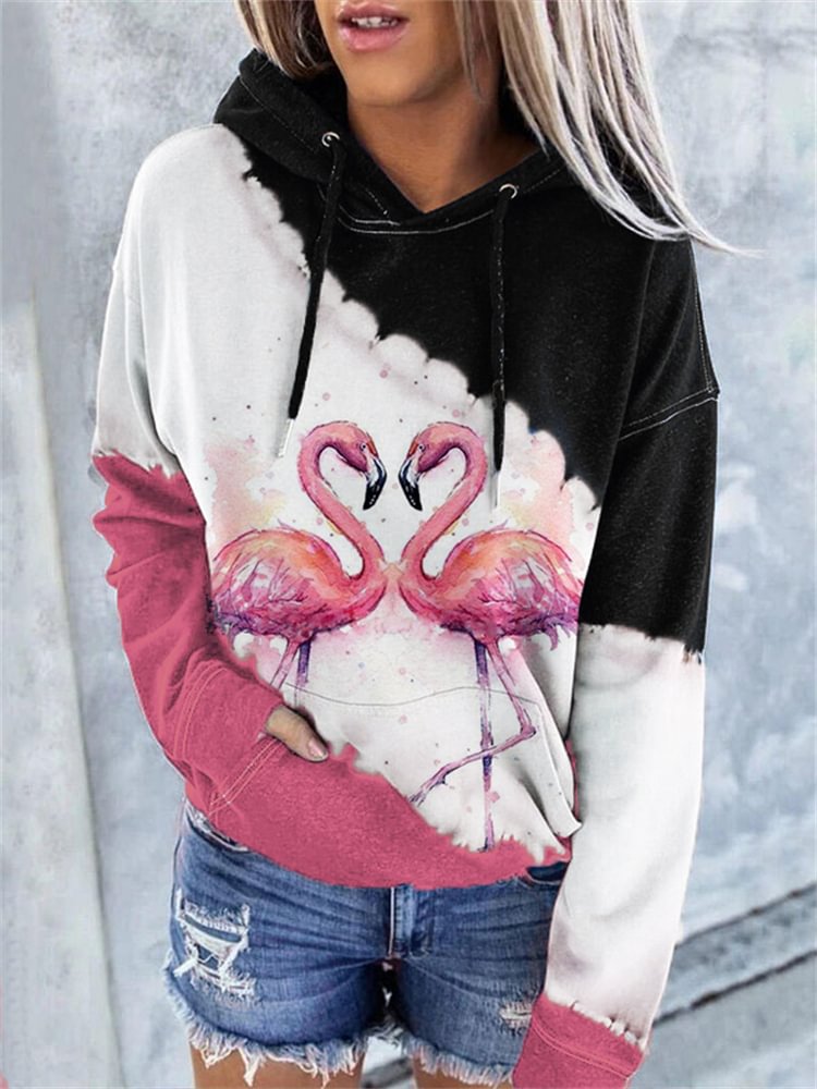 Comstylish Love Heart Flamingo Contrast Tie Dye Hoodie