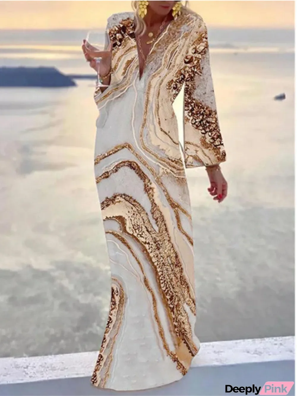 Women Long Sleeve V-neck Gradient Graphic Maxi Dress