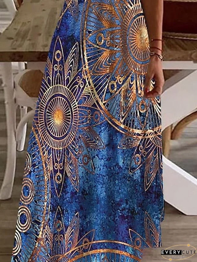 Ethnic Dress Strap Dress A Line Dress Long Dress Maxi Dress Blue Sleeveless Print Print Spring Summer V Neck Vacation Weekend S M L XL XXL 3XL for Women