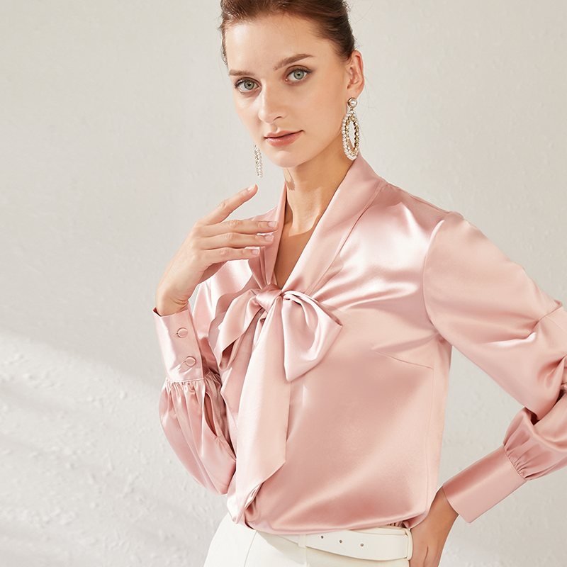 Ribbon Collar Puff Sleeve Silk Blouse Front View