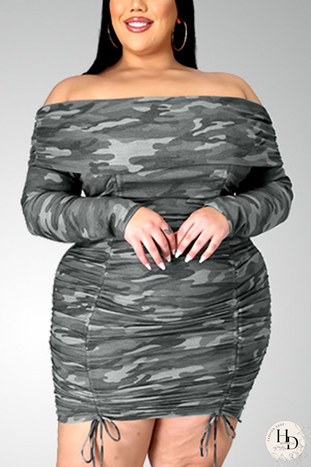 Camouflage Sexy Print Split Joint Bateau Neck Pencil Skirt Plus Size