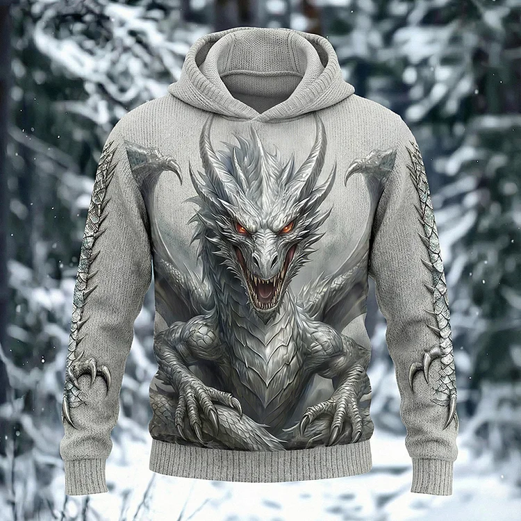 Silver Dragon Pattern Men's Cozy Hooded Sweater