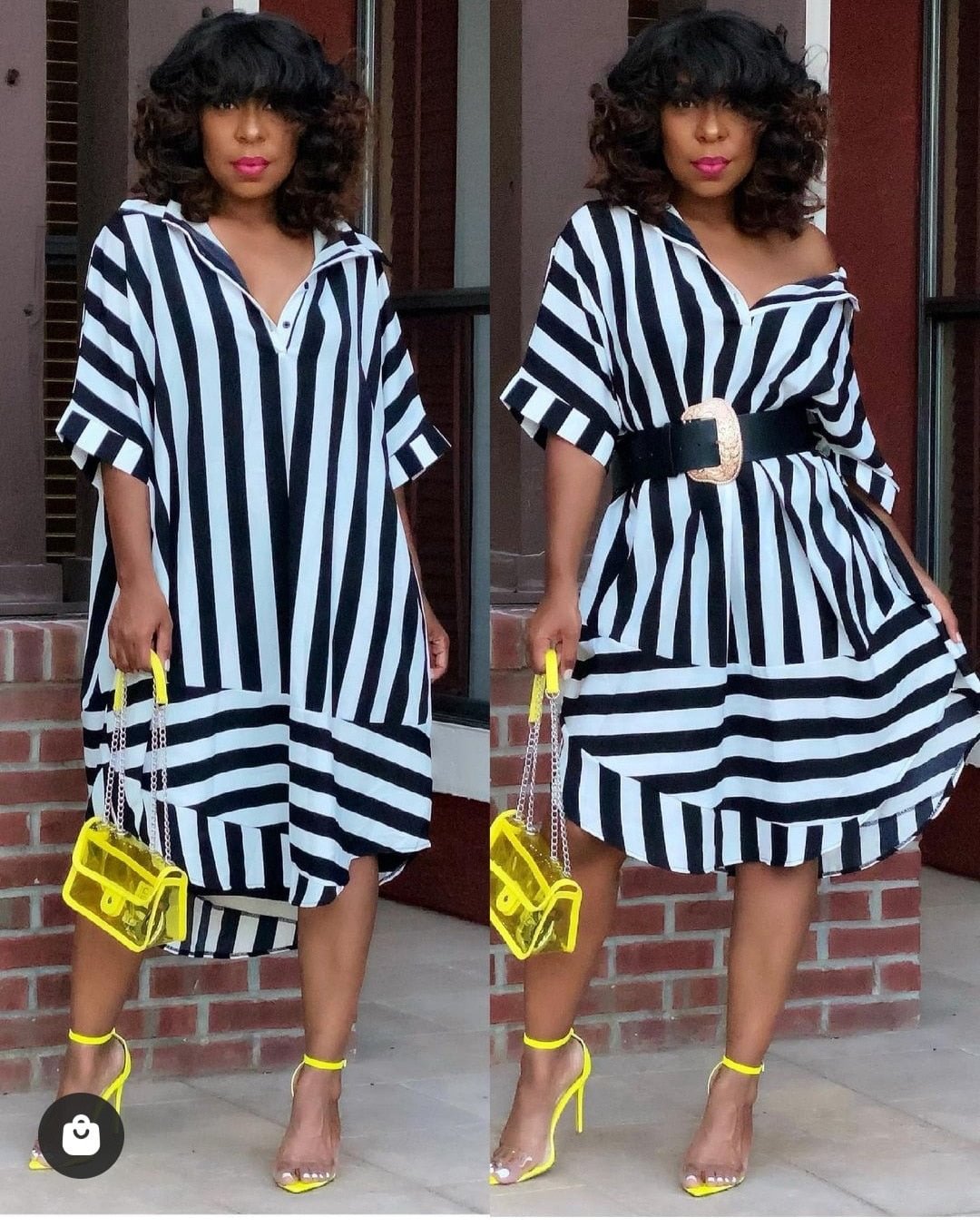 CM.YAYA Women Midi Dress Striped Turn-down Collar Half Sleeve Button Loose Dresses Office Lady Outfit Summer Vestidos Streetwear