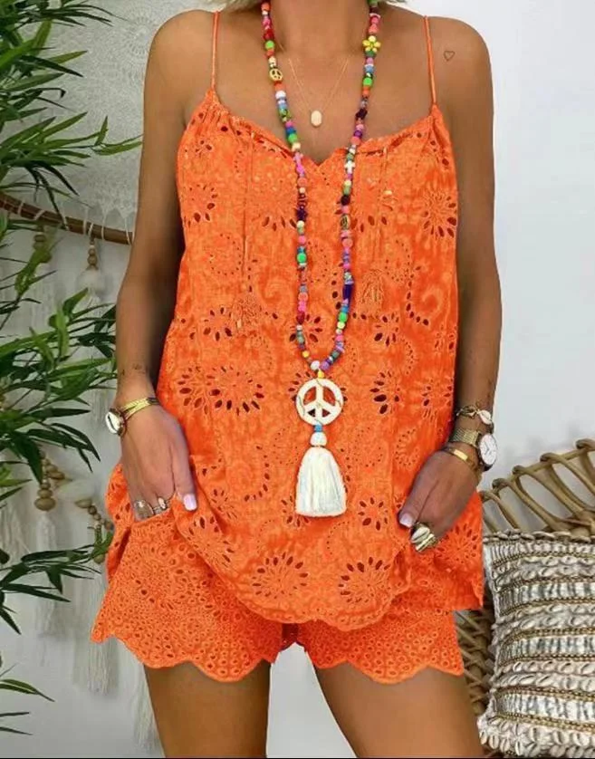 Wongn Wongn Sleeveless Drawstring Flounce Cut Out Vest Embroidered Shorts With Cotton Suit