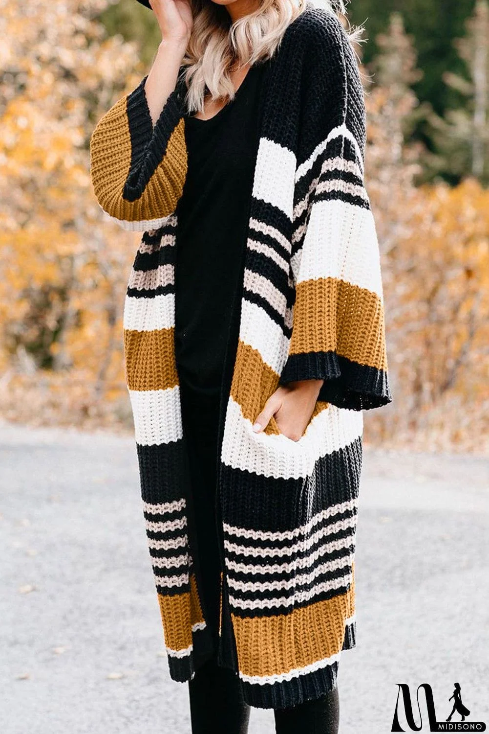 MidiSono - Pocketed Novelty Striped Chenille Cardigan