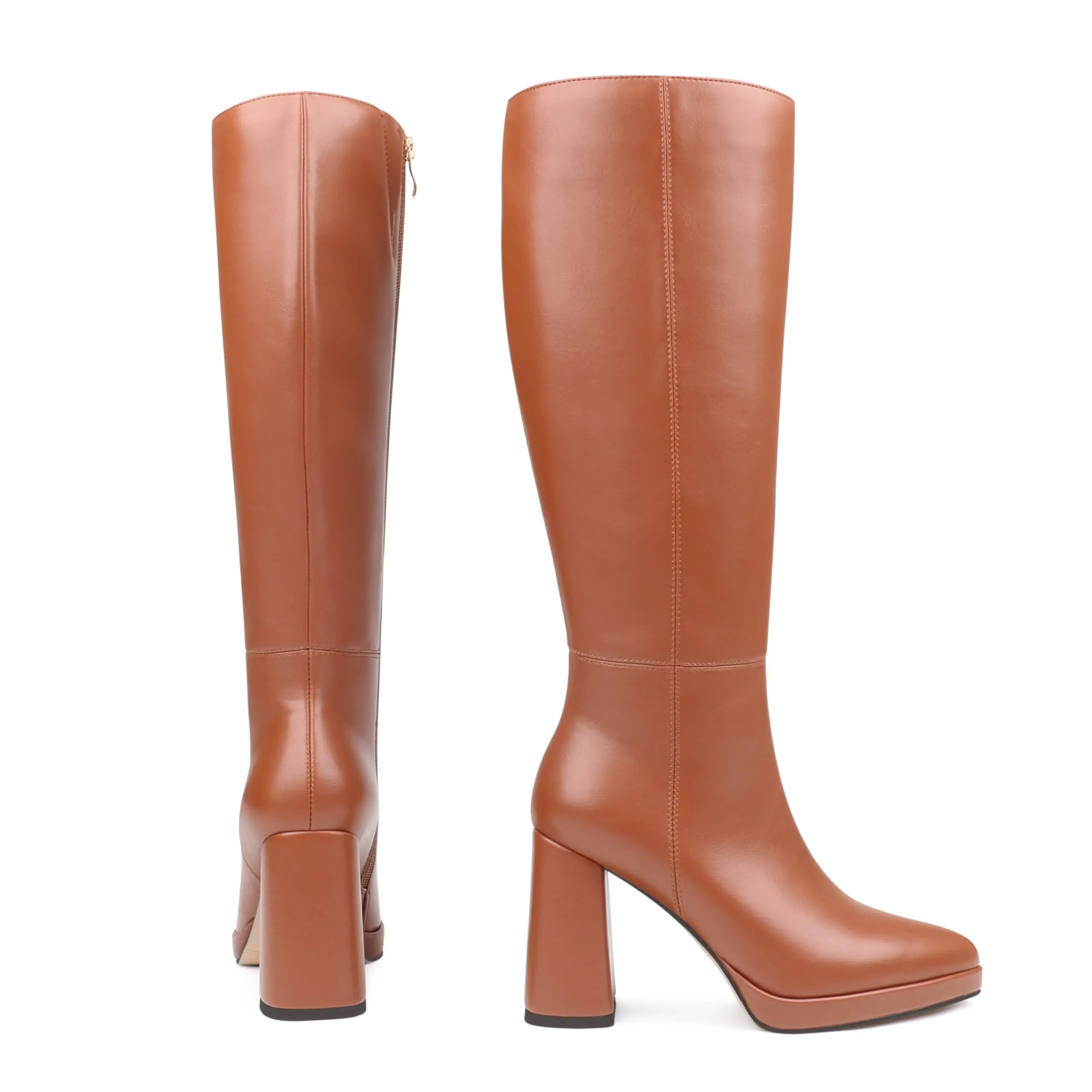 Women's Square-Toe Knee-High Boots with Platform and Block Heels-MERUMOTE