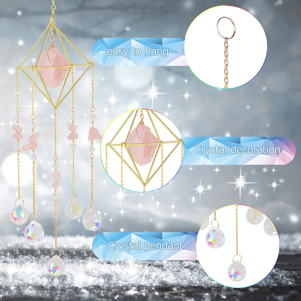 Crystal Wind Chimes Natural Stone Prism Light Catcher Garden Decor (Pink)