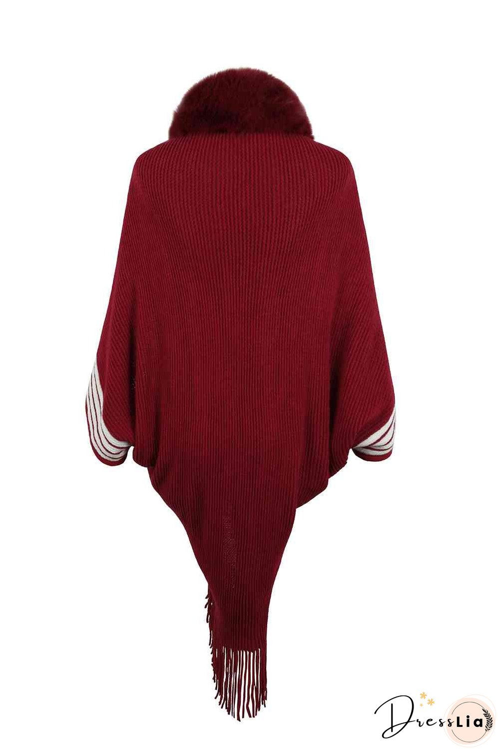 Striped Fringe Detail Long Sleeve Poncho