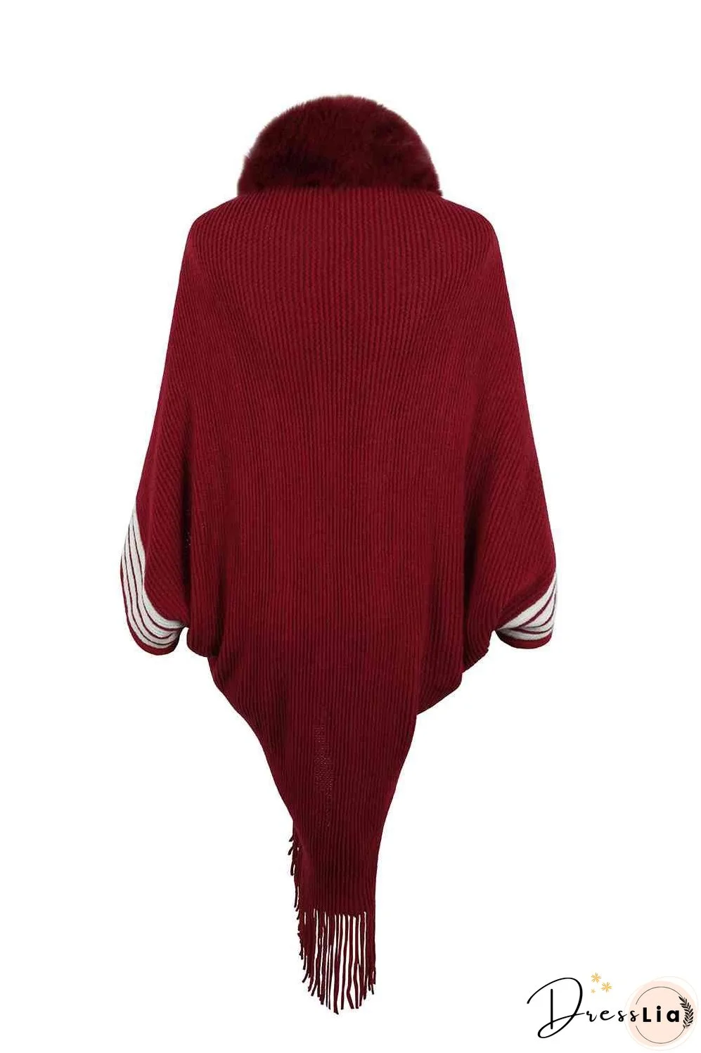 Striped Fringe Detail Long Sleeve Poncho