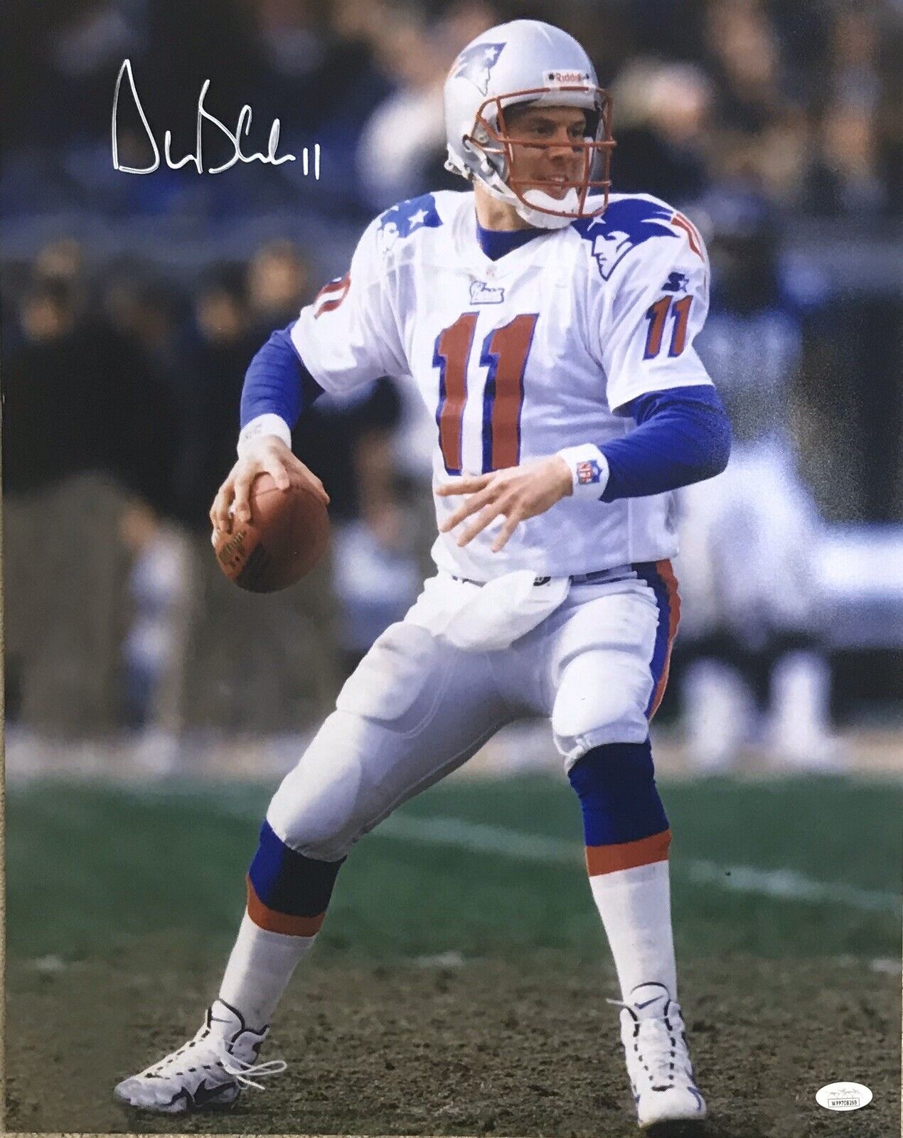 Drew Bledsoe New England Patriots QB #11 Autographed 16x20 Pose #1 JSA Witnessed