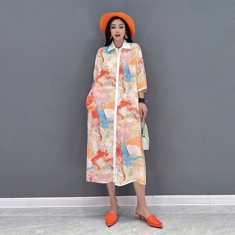 Casual Turn-down Collar Colorful Painting Single Breasted Short Sleeve Dress
